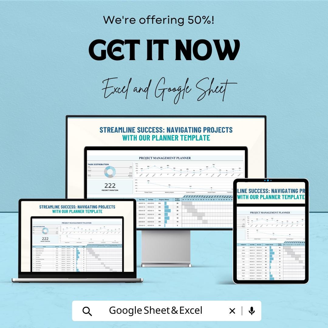 Project Management Planner Sheet | Excel & Google Sheet Dashboard | Gantt Chart | Task Timeline | Resource Allocation Tool