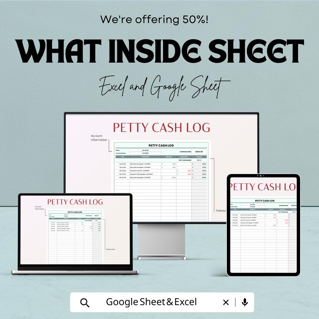 Petty Cash Log Sheet | Google Sheets Template | Business Expense Tracker | Cash Flow Sheet | Printable Cash Ledger | Digital Download