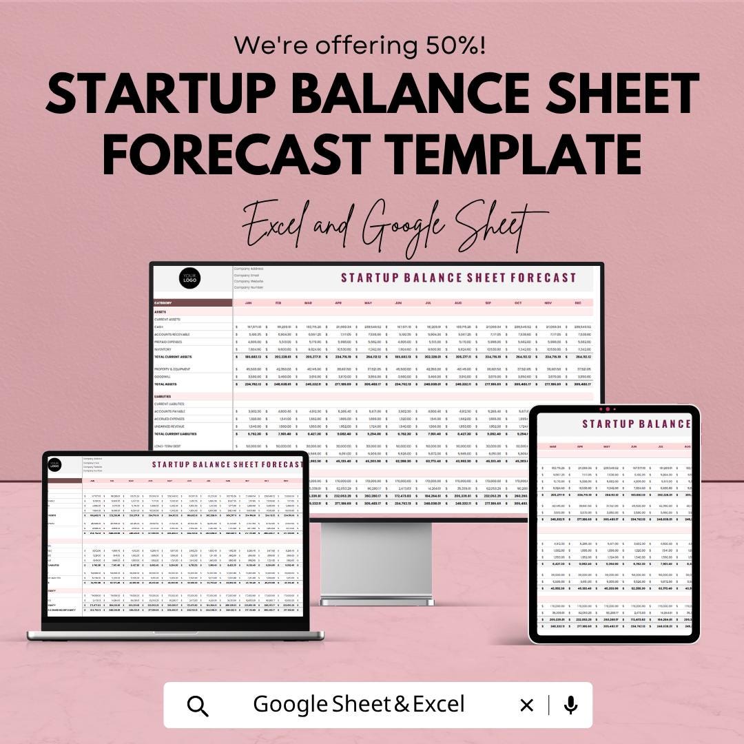 Startup Balance Sheet Forecast Template | Financial Projection Spreadsheet | Business Forecast Template | Startup Finance Template |