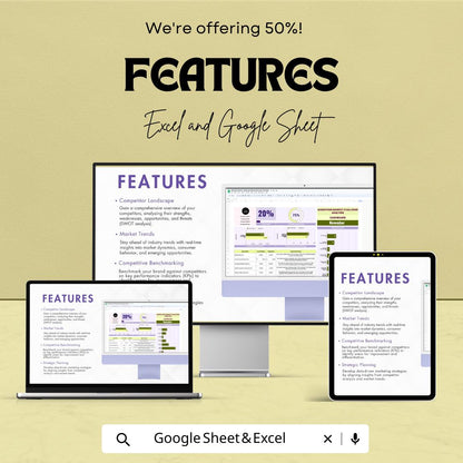Marketing Analysis Dashboard Template, Market Research Tracker, Excel & Google Sheets Marketing KPI Dashboard, Competitor Analysis Tool