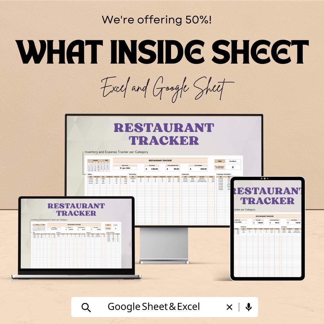 Restaurant Tracker Sheet | Inventory and Expense Tracking | Excel and Google Sheets Template | Manage Restaurant Finances & Operations