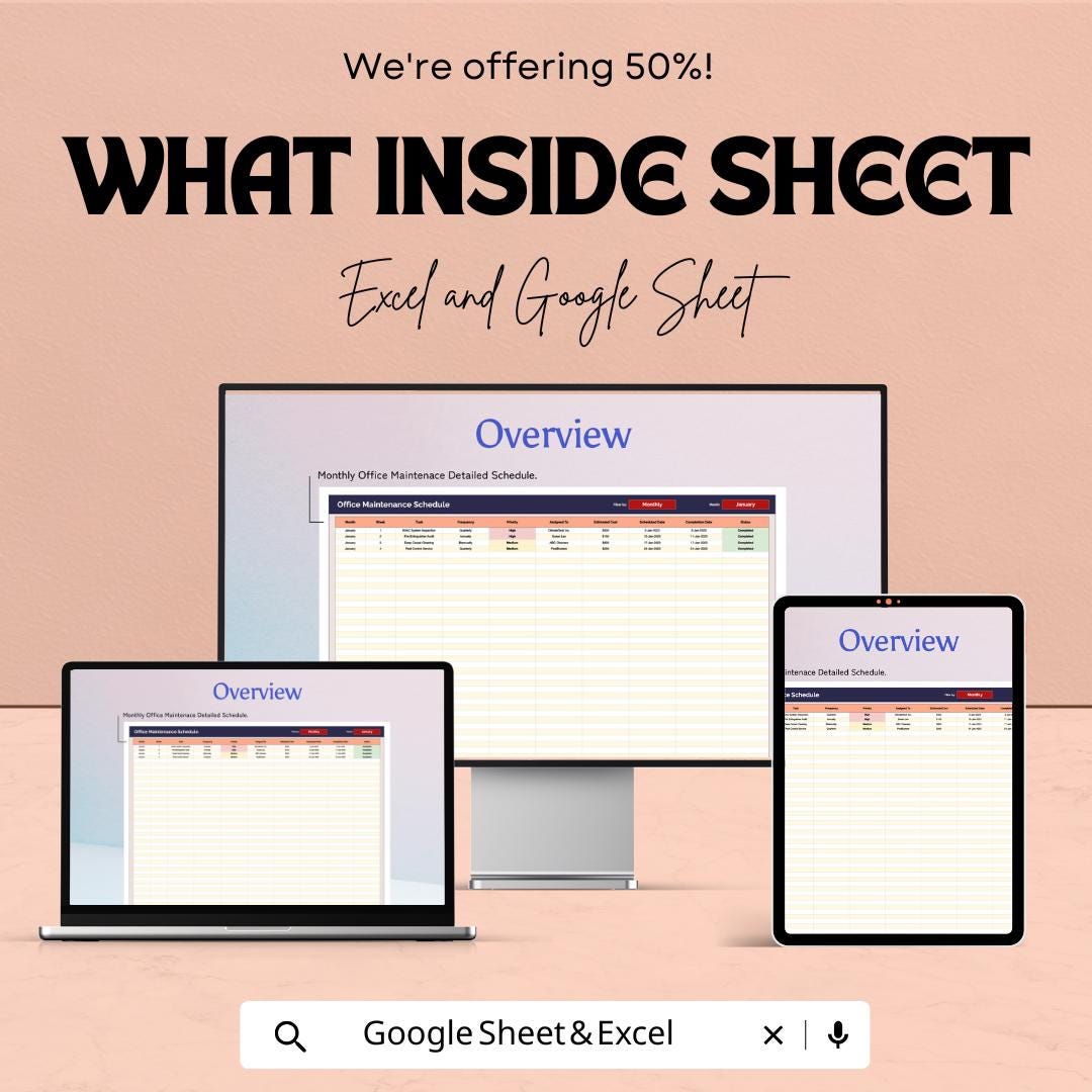 Office Maintenance Schedule Sheet | Excel & Google Sheet | Detailed Maintenance Planner | Office Task Management Template | Easy to Use