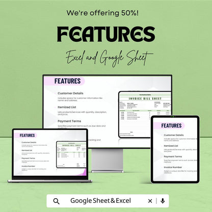 Invoice Bill Sheet for Small Business | Professional Invoice Template | Excel and Google Sheet | Customizable Billing Template