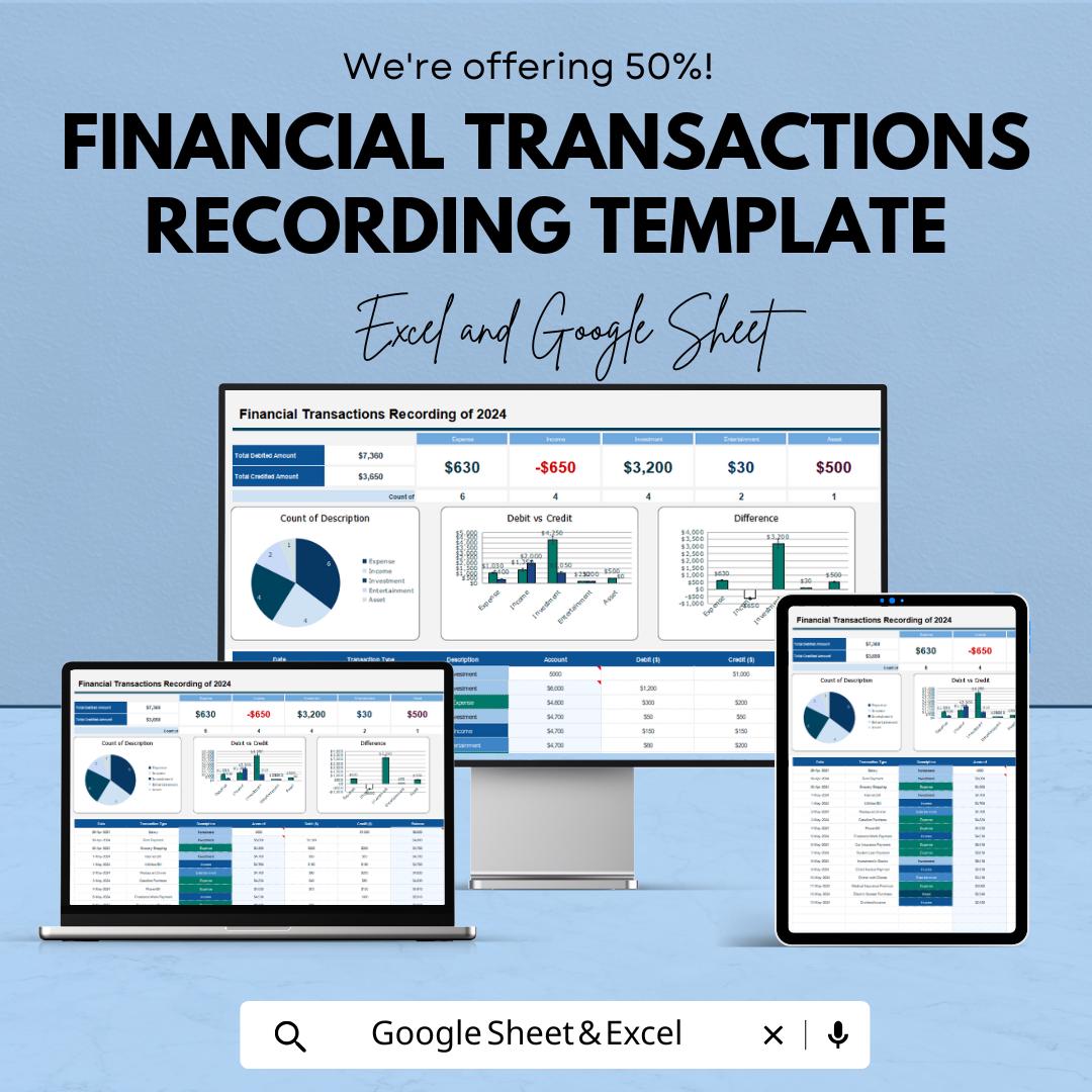 Financial Transactions Recording Template | Expense Tracker Spreadsheet | Budget Planner | Income Expense Log