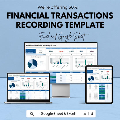 Financial Transactions Recording Template | Expense Tracker Spreadsheet | Budget Planner | Income Expense Log