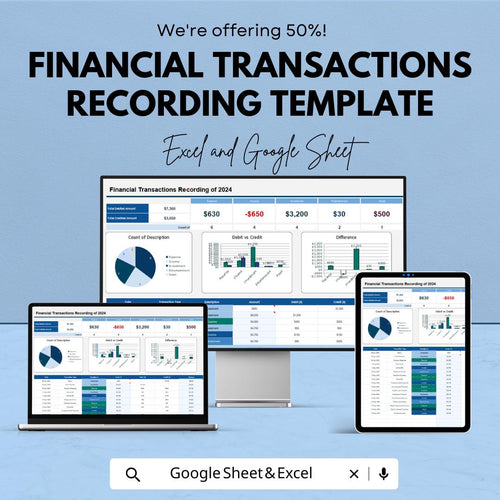 Financial Transactions Recording Template | Expense Tracker Spreadsheet | Budget Planner | Income Expense Log
