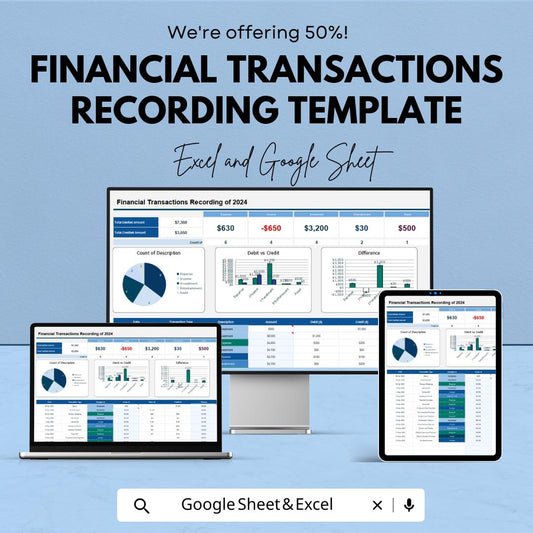 Financial Transactions Recording Template | Expense Tracker Spreadsheet | Budget Planner | Income Expense Log