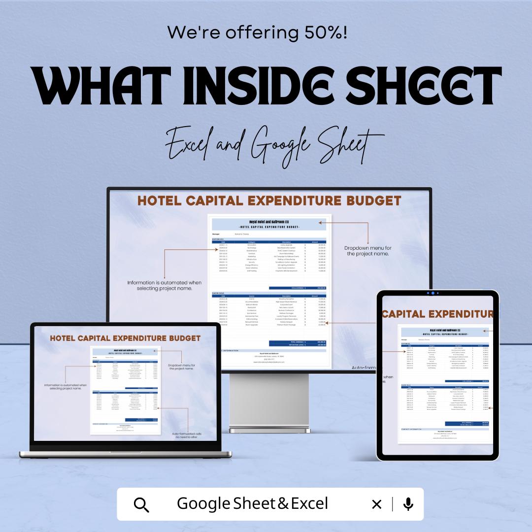 Hotel Capital Expenditure Budget Sheet – Excel and Google Sheets – Manage Hotel Investments & Expenses Efficiently – 50% OFF