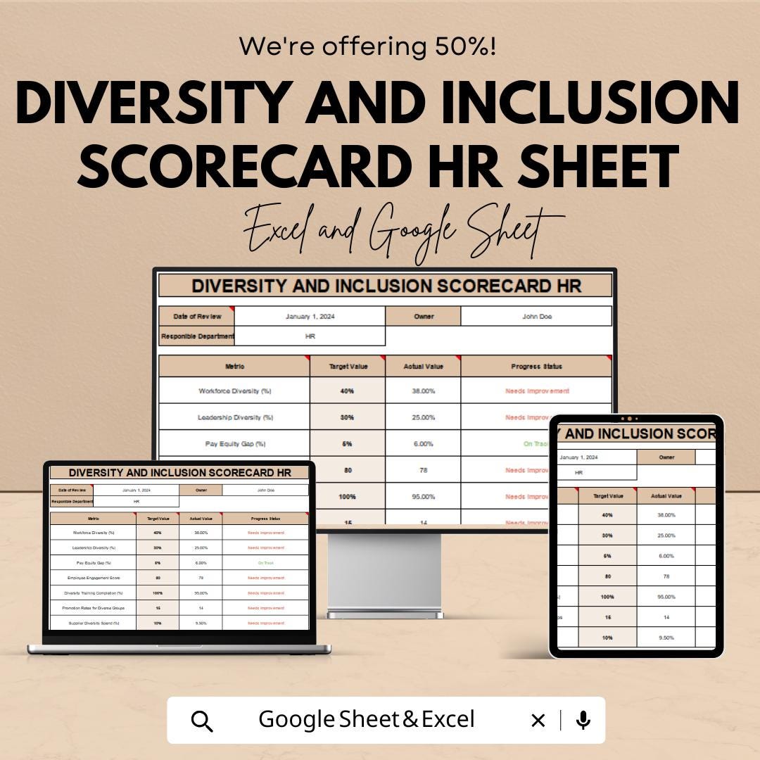 Diversity and Inclusion Scorecard HR Sheet | Excel & Google Sheets Template for Measuring Workplace Diversity