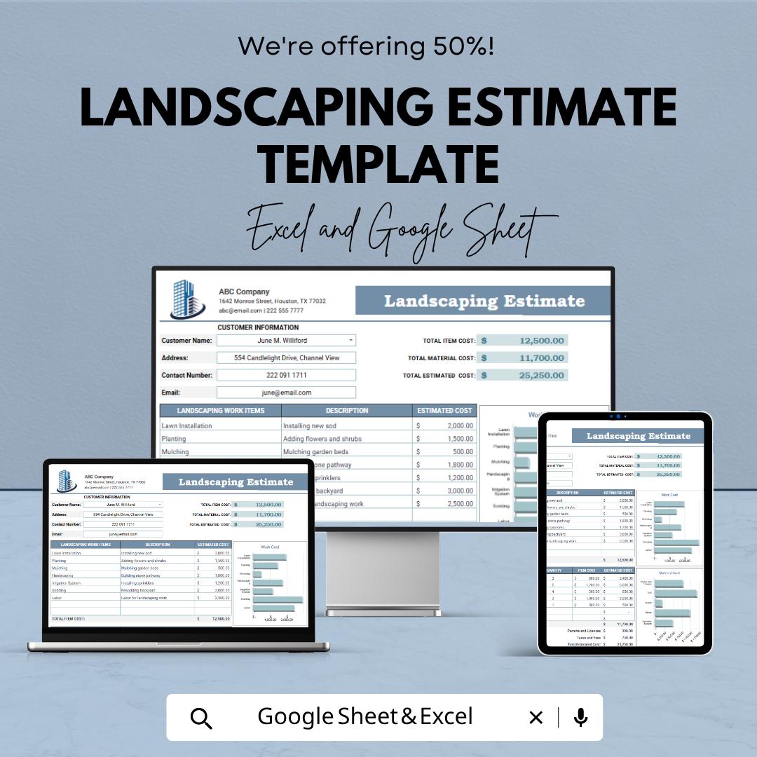 Landscaping Estimate Template | Landscaping Contractor Spreadsheet | Lawn Care Bid Proposal Template | Job Cost Estimate Sheet