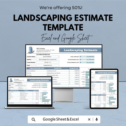 Landscaping Estimate Template | Landscaping Contractor Spreadsheet | Lawn Care Bid Proposal Template | Job Cost Estimate Sheet
