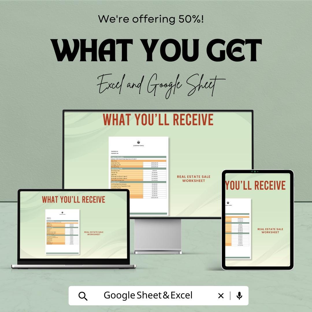 Real Estate Sale Worksheet Template | Property Sale Tracker | Closing Cost Calculator | Real Estate Commission Spreadsheet