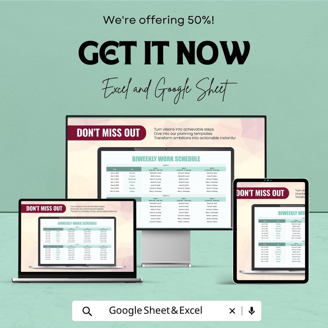 Biweekly Work Schedule Template | Employee Shift Planner | Staff Schedule Spreadsheet | Work Roster Template | Team Scheduling Sheet