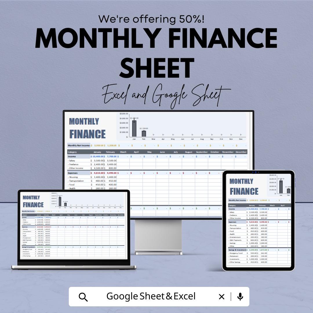 Monthly Finance Sheet | Excel and Google Sheets Template | Budgeting, Expense Tracking & Financial Planning | Instant Download