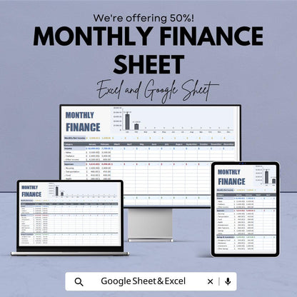 Monthly Finance Sheet | Excel and Google Sheets Template | Budgeting, Expense Tracking & Financial Planning | Instant Download