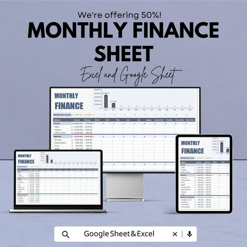 Monthly Finance Sheet | Excel and Google Sheets Template | Budgeting, Expense Tracking & Financial Planning | Instant Download