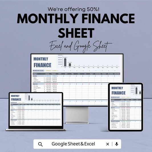 Monthly Finance Sheet | Excel and Google Sheets Template | Budgeting, Expense Tracking & Financial Planning | Instant Download