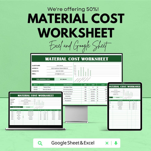 Material Cost Worksheet | Excel and Google Sheet Template | Track Material Costs, Budgeting, and Client Management | Instant Download