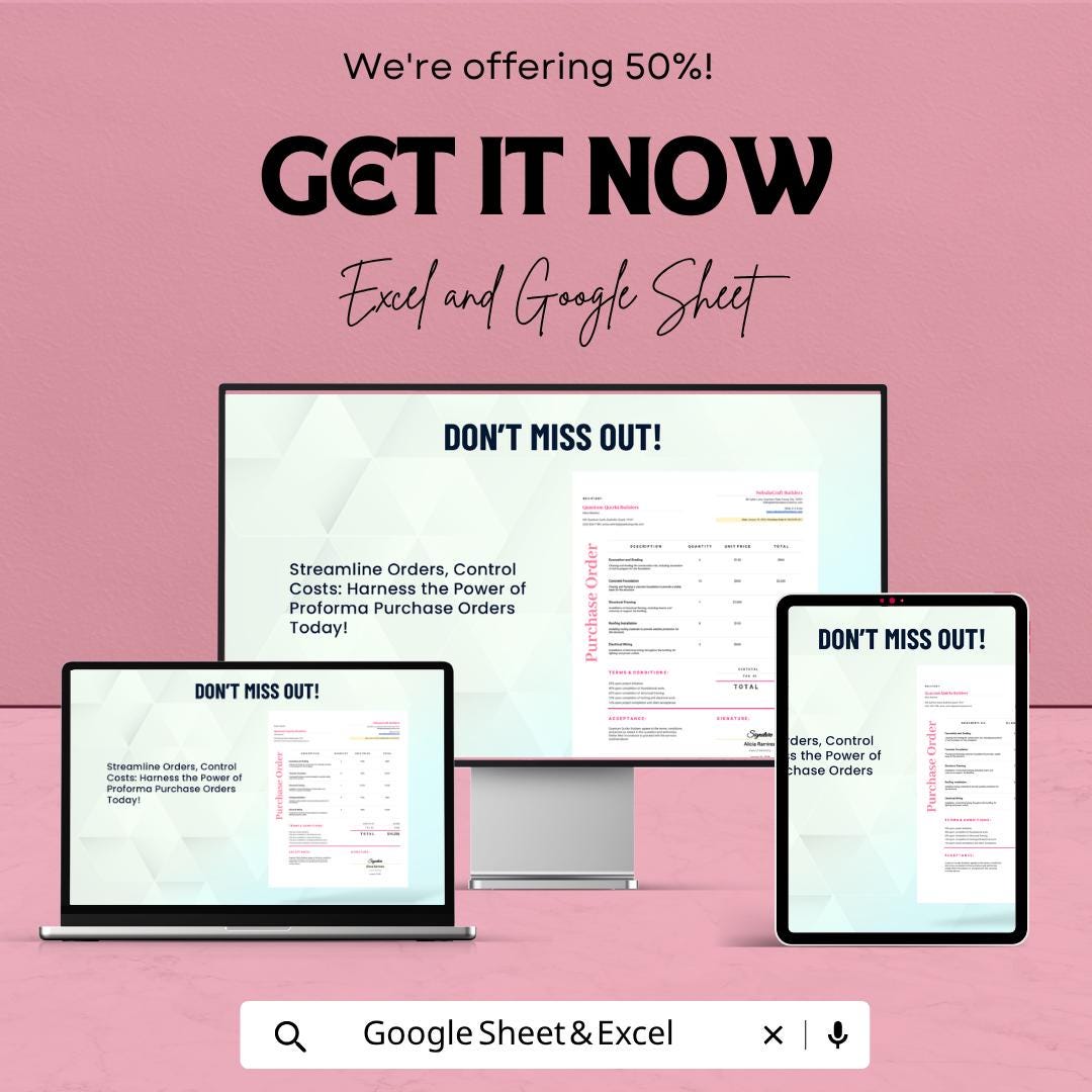 Proforma Purchase Order Template | Purchase Order Spreadsheet | Business Order Form Template | Excel & Google Sheets | Vendor Order Tracker