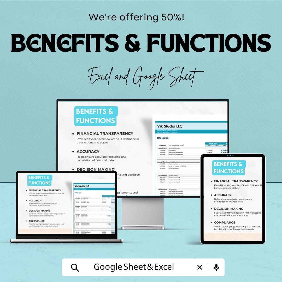 LLC Ledger Template Excel Google Sheets | Business Accounting Spreadsheet | General Ledger Template | Small Business Bookkeeping |
