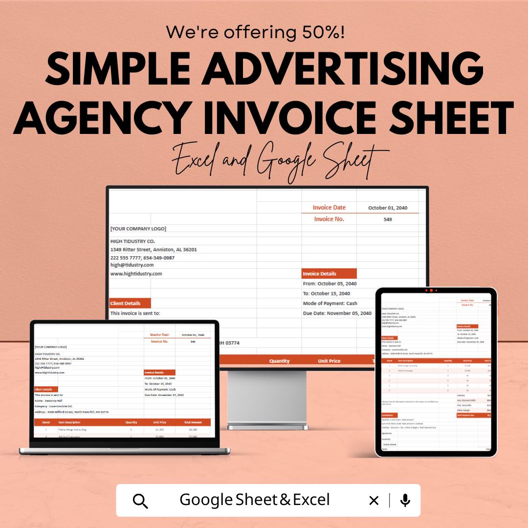 Simple Advertising Agency Invoice Sheet - Excel & Google Sheets, Editable Invoice Template for Agencies, Professional Invoice Design
