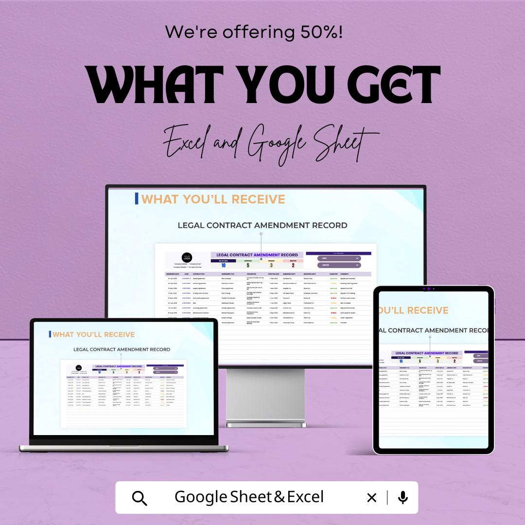 Legal Contract Amendment Record Template | Contract Change Log and Amendment Tracker | Excel & Google Sheets Spreadsheet