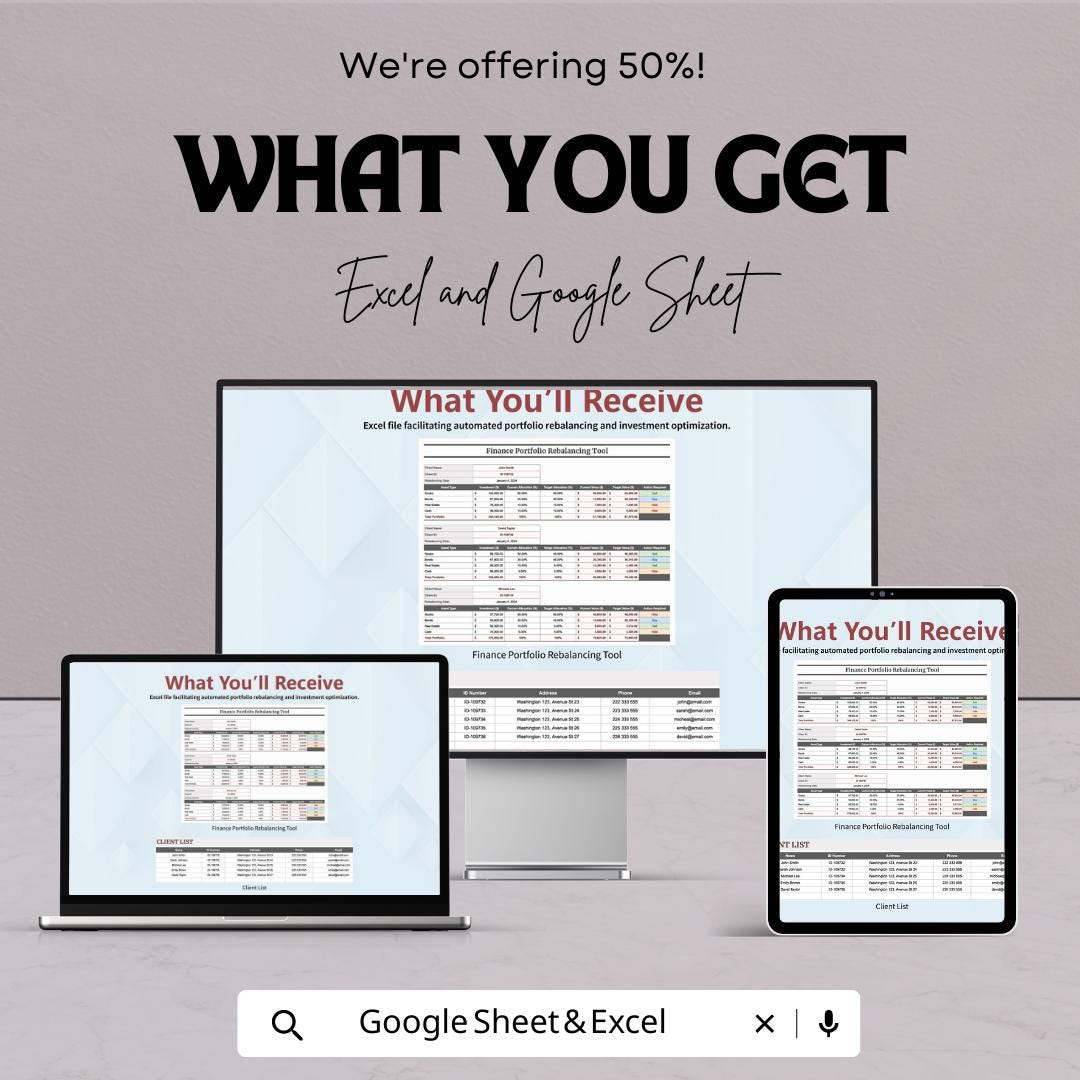 Finance Portfolio Rebalancing Tool Template | Investment Rebalancing Spreadsheet | Asset Allocation Tracker | Excel & Google Sheets