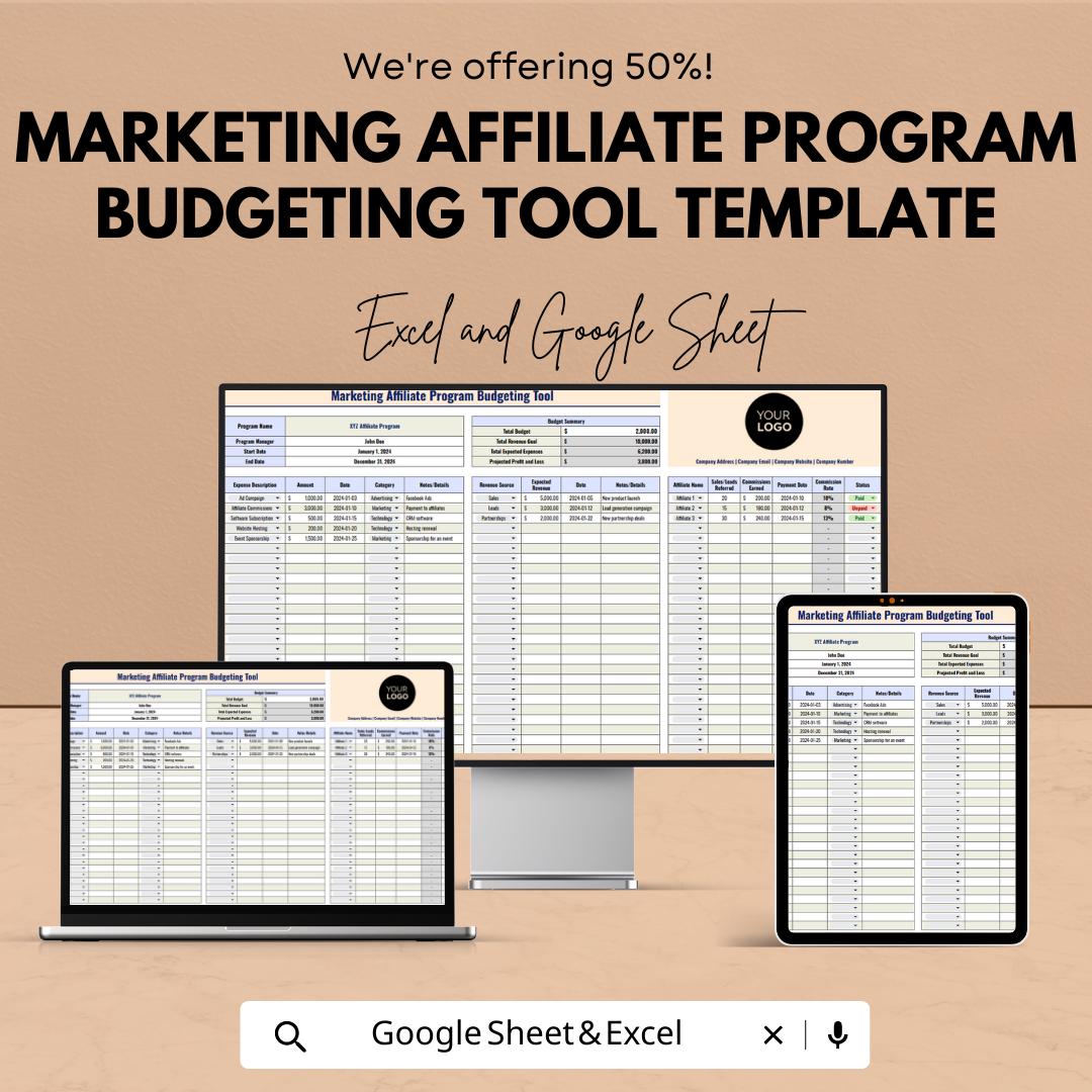 Marketing Affiliate Budget Template, Affiliate Program Tracker, Excel & Google Sheets Marketing Budget Tool, Affiliate Expense Planner