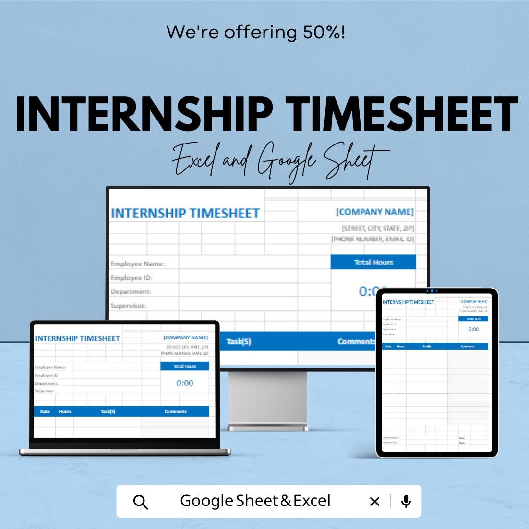 Internship Timesheet | Excel and Google Sheets Template | Track Hours & Tasks | Simple Internship Log | Instant Download