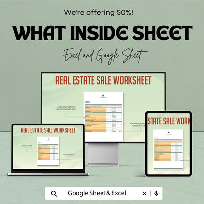 Real Estate Sale Worksheet Template | Property Sale Tracker | Closing Cost Calculator | Real Estate Commission Spreadsheet