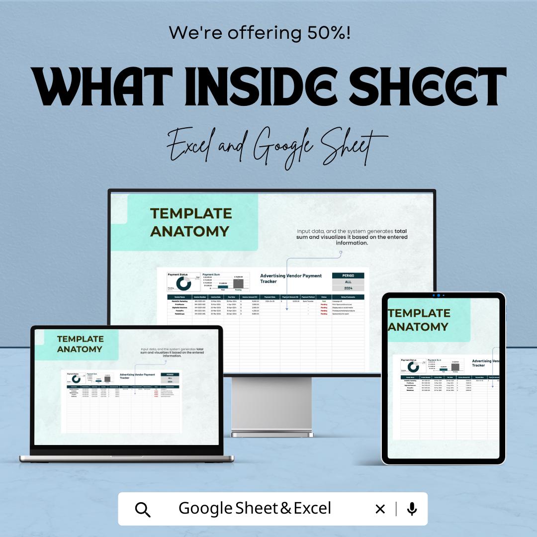 Advertising Vendor Payment Tracker Template, Marketing Expense Spreadsheet, Invoice & Payment Log, ROI Budget Tracker