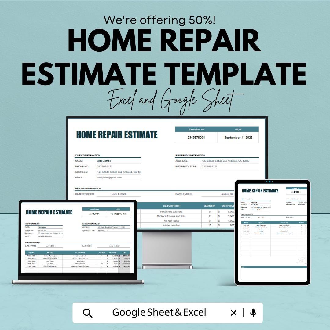 Home Repair Estimate Template | Contractor Quote Sheet | Excel & Google Sheets Estimate | Renovation Budget Planner | Editable Cost Form