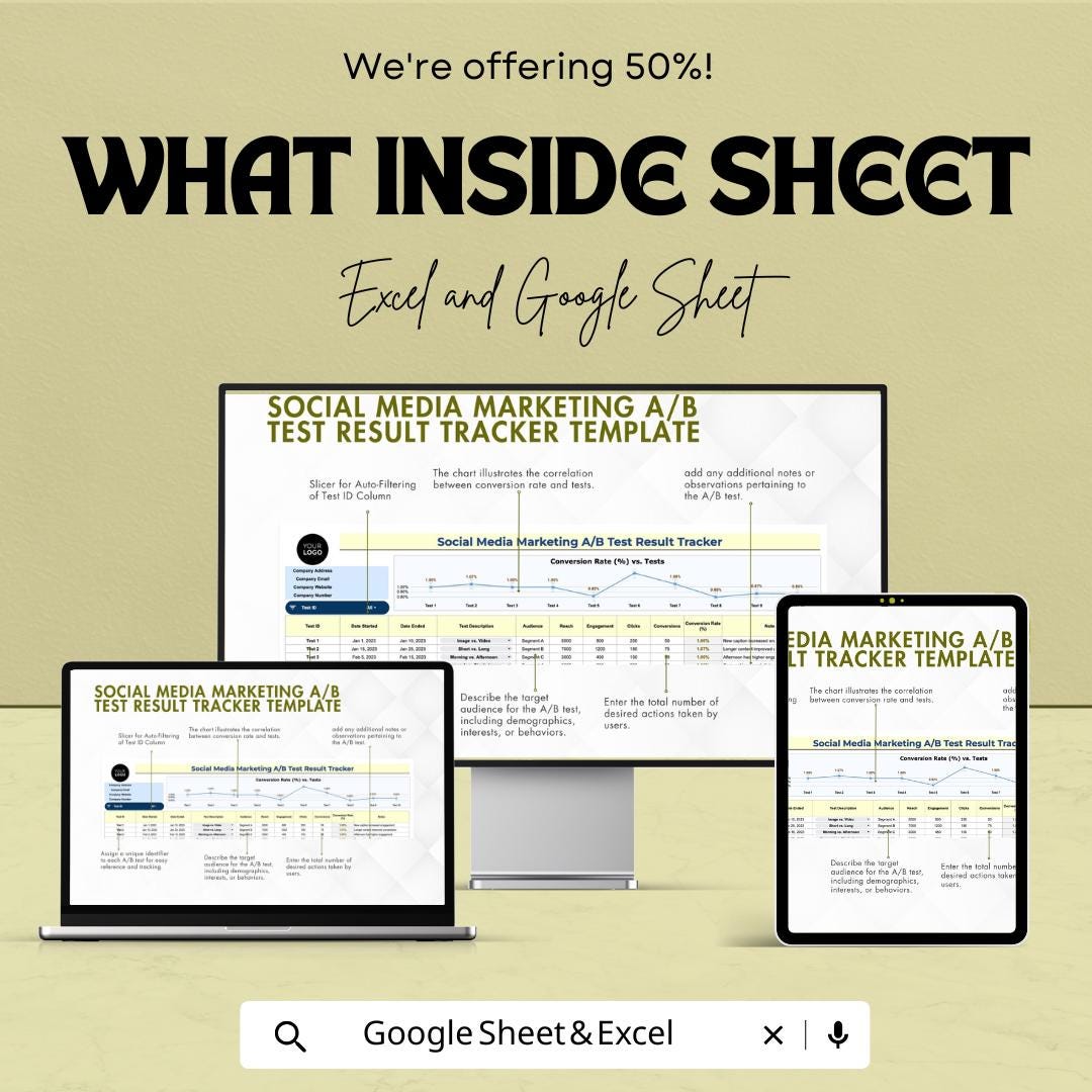 Social Media Marketing A/B Test Result Tracker Template | AB Testing Spreadsheet | Conversion Rate Tracker | Marketing Analytics Tool