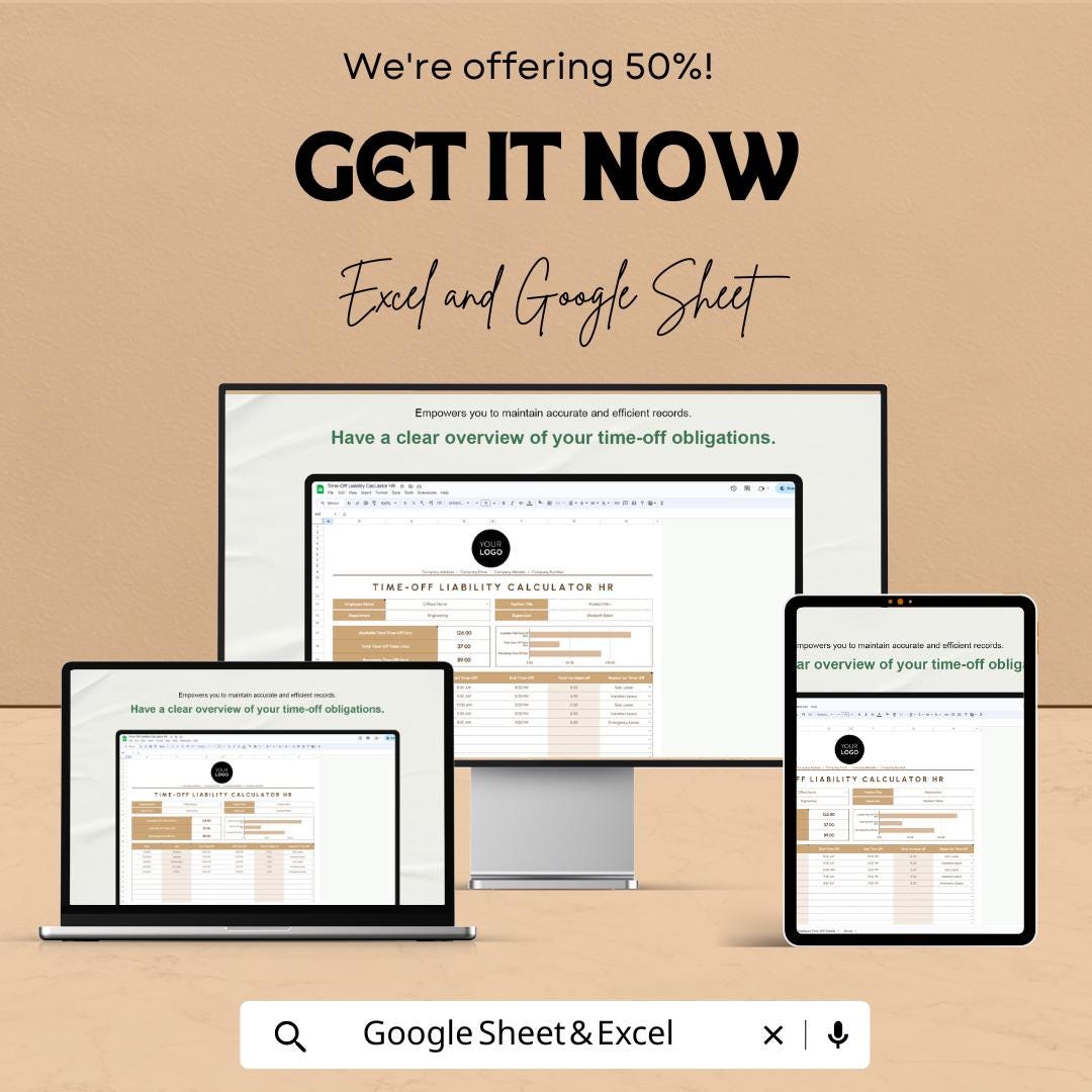 Time-Off Liability Calculator HR Sheet | Excel and Google Sheets Template | Track Employee Time-Off & Liabilities | 50% OFF