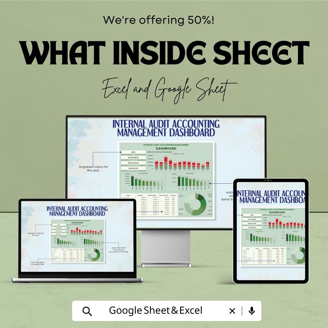 Internal Audit Accounting Management Dashboard Template | Audit Reporting Dashboard | Budget vs Actual Tracker | Financial Dashboard