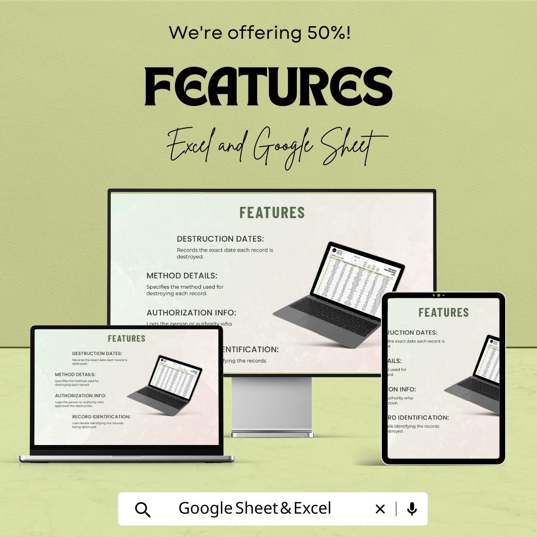 Administration Records Destruction Log Template,  Document Disposal Tracker, Compliance Log, Record Destruction Spreadsheet