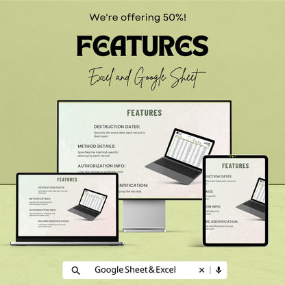 Administration Records Destruction Log Template,  Document Disposal Tracker, Compliance Log, Record Destruction Spreadsheet