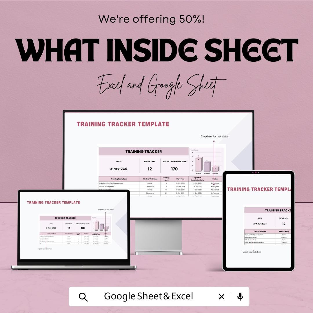 Training Tracker Sheet | Employee Training Log | Excel and Google Sheet | HR Training Management Spreadsheet | Task & Hours Tracker