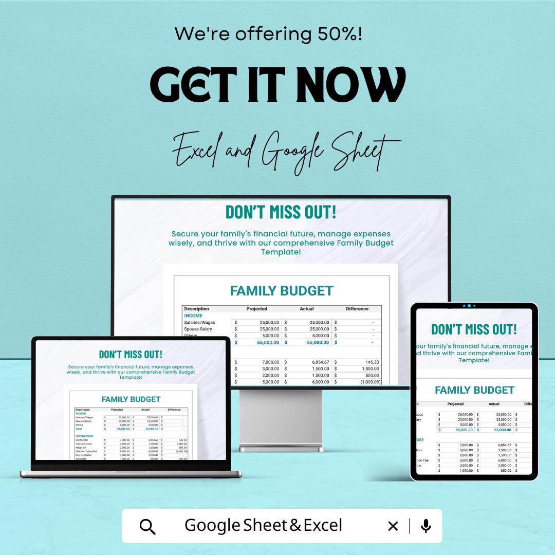 Family Budget Sheet | Excel and Google Sheet Template | Track Household Expenses & Financial Planning Tool