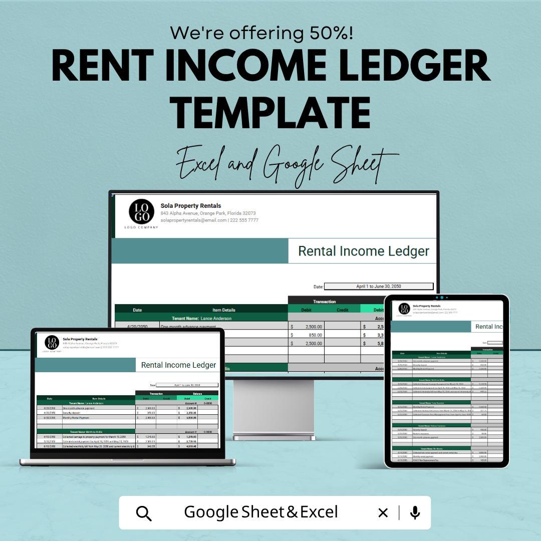 Rent Income Ledger Template | Rental Income Tracker Spreadsheet | Landlord Accounting Sheet | Excel & Google Sheets | Property Income