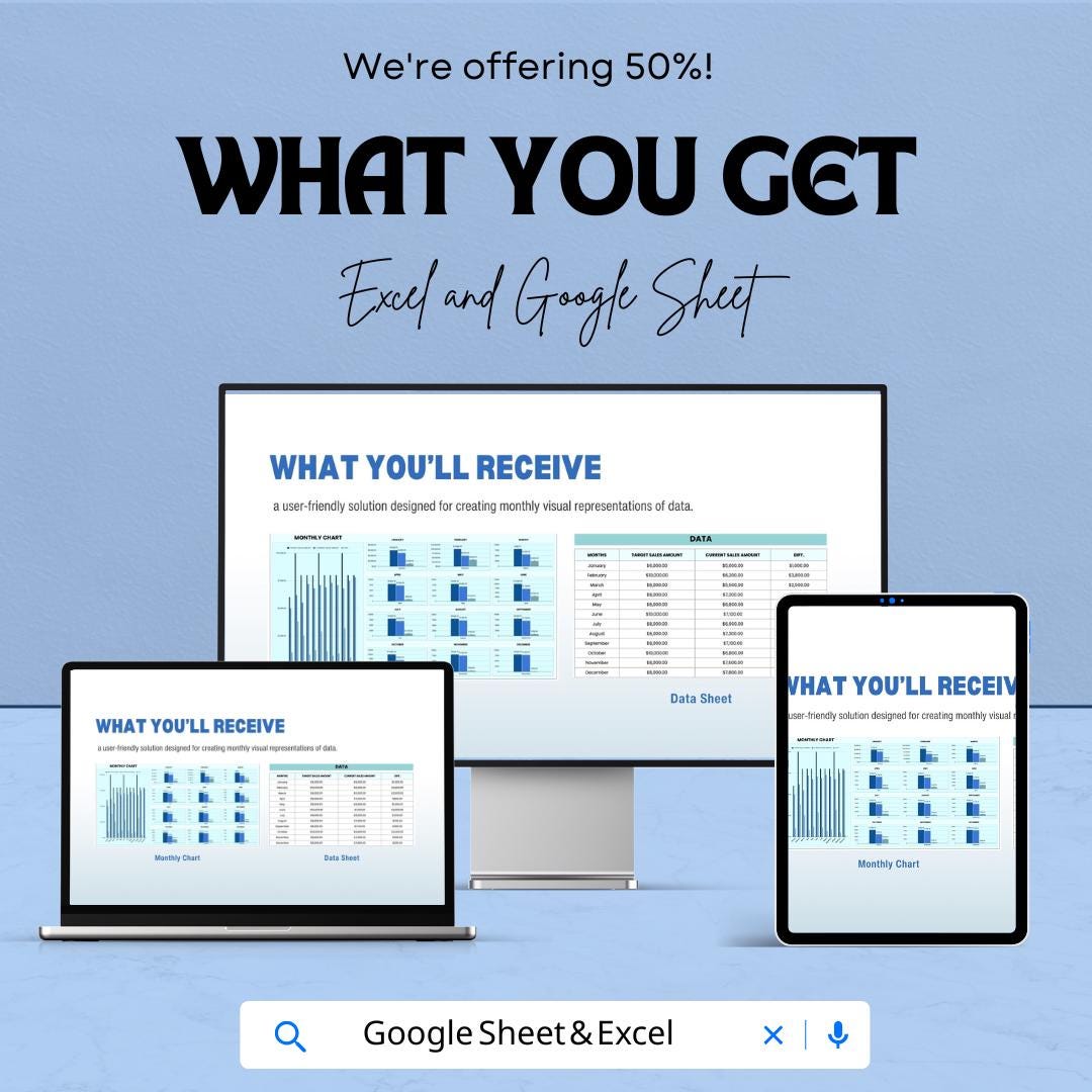 Monthly Chart Sheet | Excel and Google Sheets Template for Data Analysis | Sales & Budget Tracking | Visualize Monthly Progress
