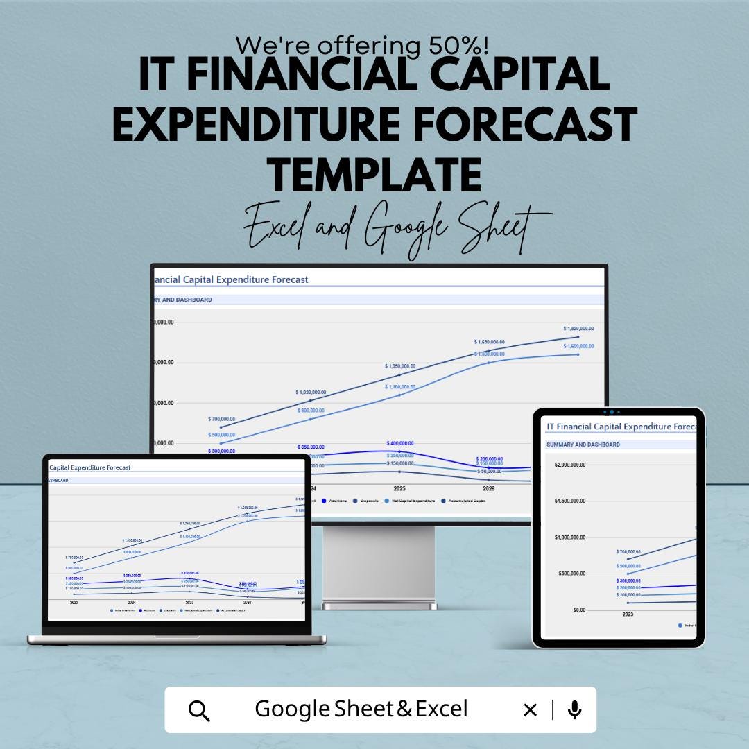 IT Financial Capital Expenditure Forecast Template | IT Budget Planning Spreadsheet | CapEx Forecast Tracker | Excel & Google Sheets |