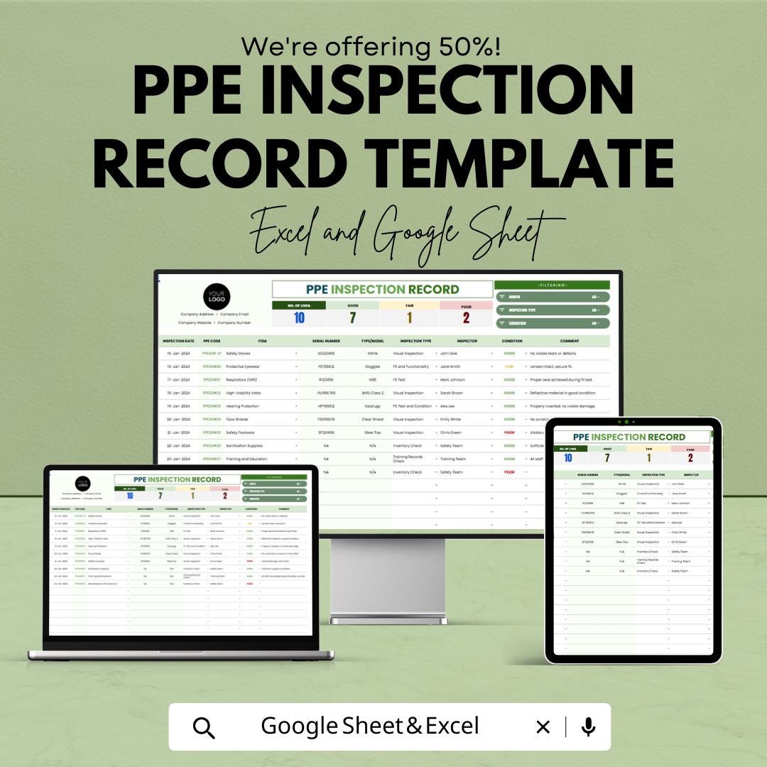 PPE Inspection Record Template | Safety Equipment Inspection Log | PPE Maintenance Tracker | Workplace Safety Compliance Sheet