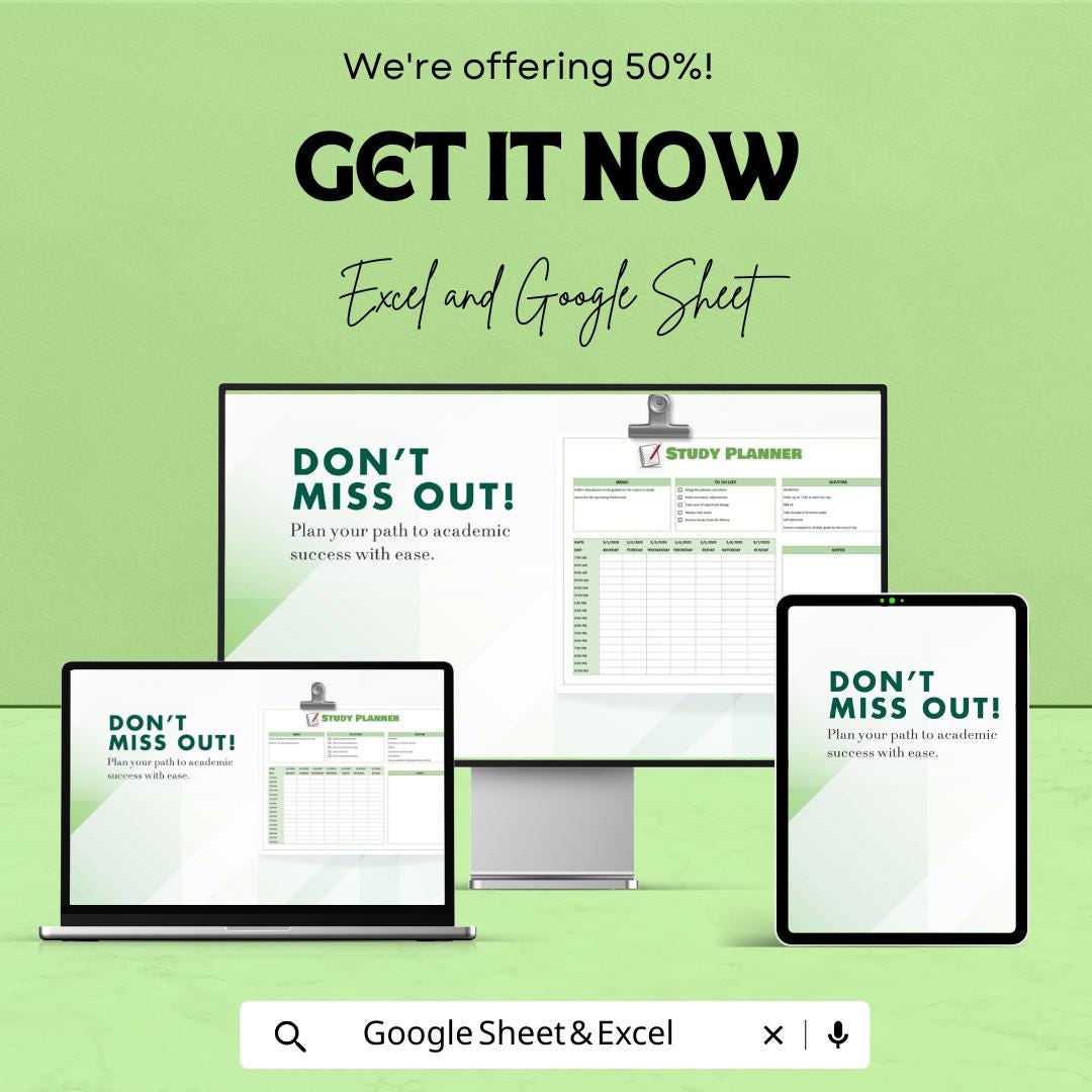 Study Planner Sheet | Excel & Google Sheets | Weekly Study Schedule | Academic Tracker | Digital Student Organizer