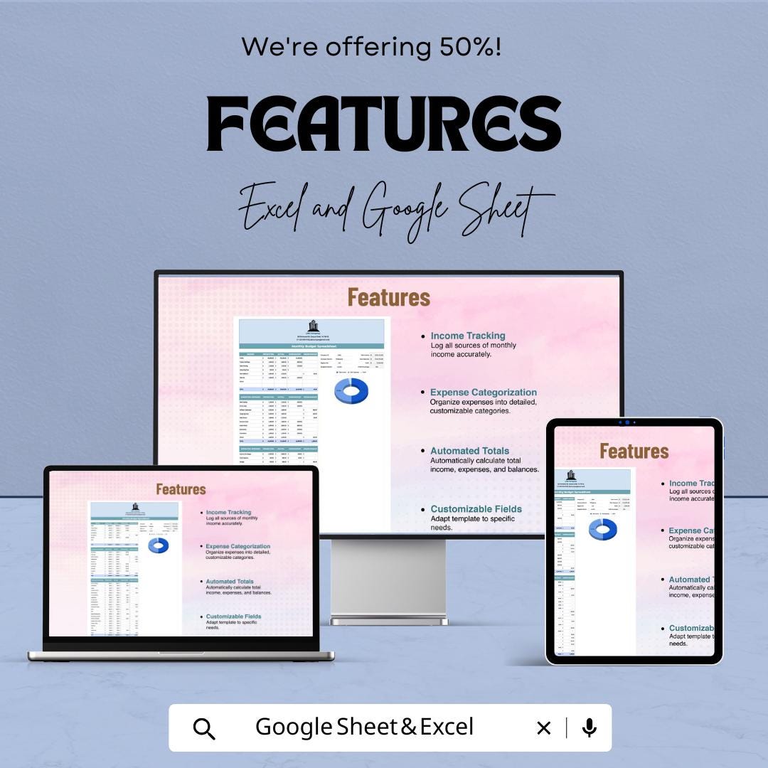 Monthly Budget Spreadsheet Template | Income & Expense Tracker | Financial Planner | Budget Template
