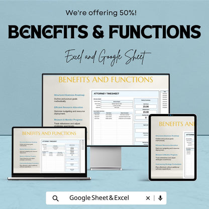 Attorney Timesheet Template | Legal Billing Tracker | Lawyer Time Tracking Spreadsheet | Excel & Google Sheets | Billable Hours Log