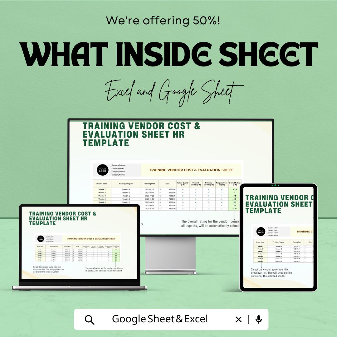 Training Vendor Cost & Evaluation Sheet HR Template | Excel and Google Sheets | Training Budget and Vendor Review Tracker