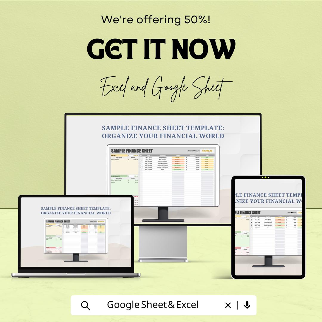 Sample Finance Sheet | Budget and Expense Tracker | Income and Spending Sheet for Personal & Business | Excel and Google Sheets |