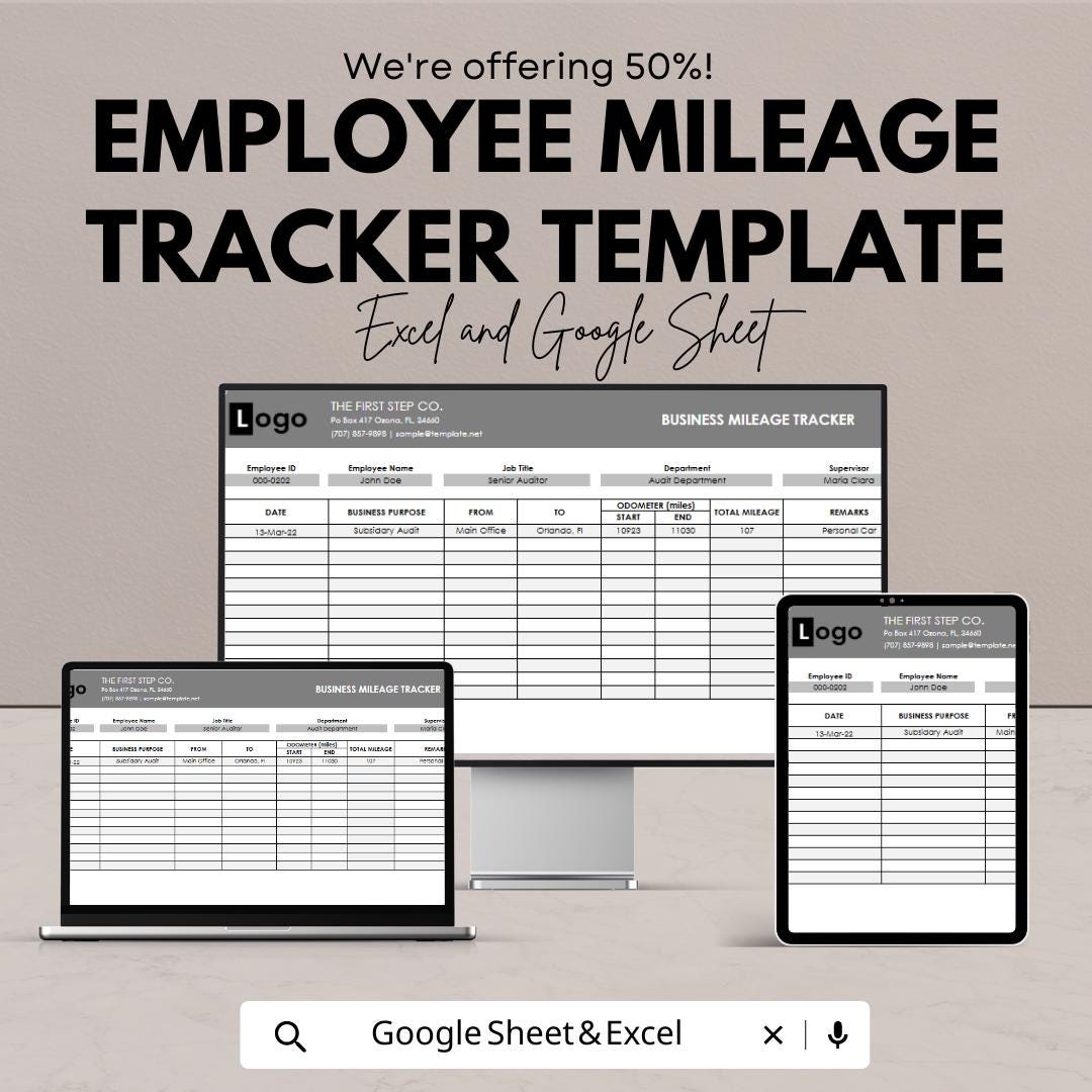 Employee Mileage Tracker Template Excel Google Sheets, Business Mileage Log Spreadsheet, Mileage Reimbursement Tracker, Travel Log Book