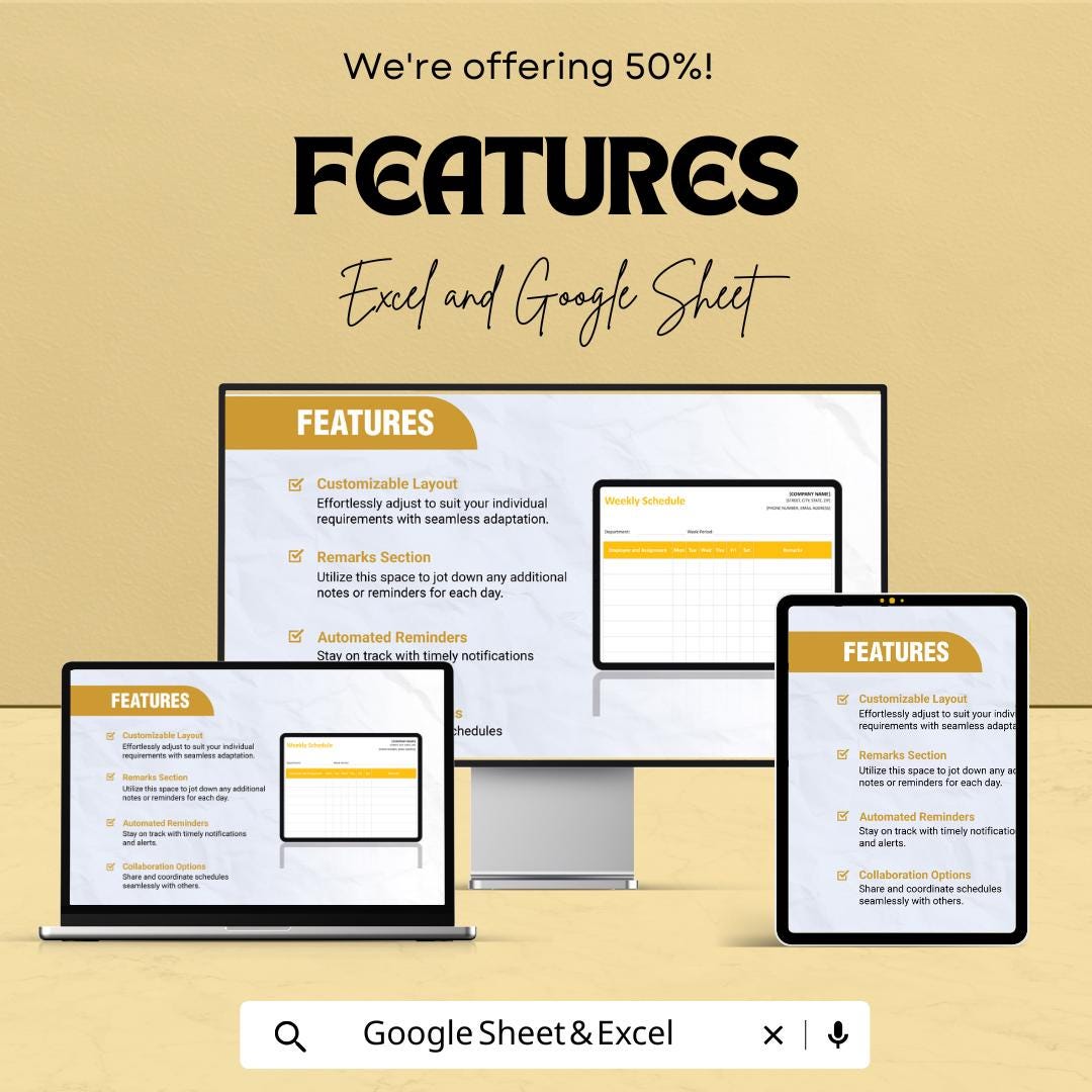 Weekly Schedule Sheet – Excel & Google Sheet Template | Employee and Task Planner | 50% Off